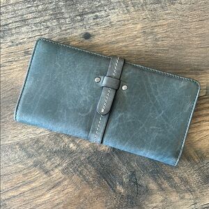 Bifold Gray Leather Wallet with strap closure